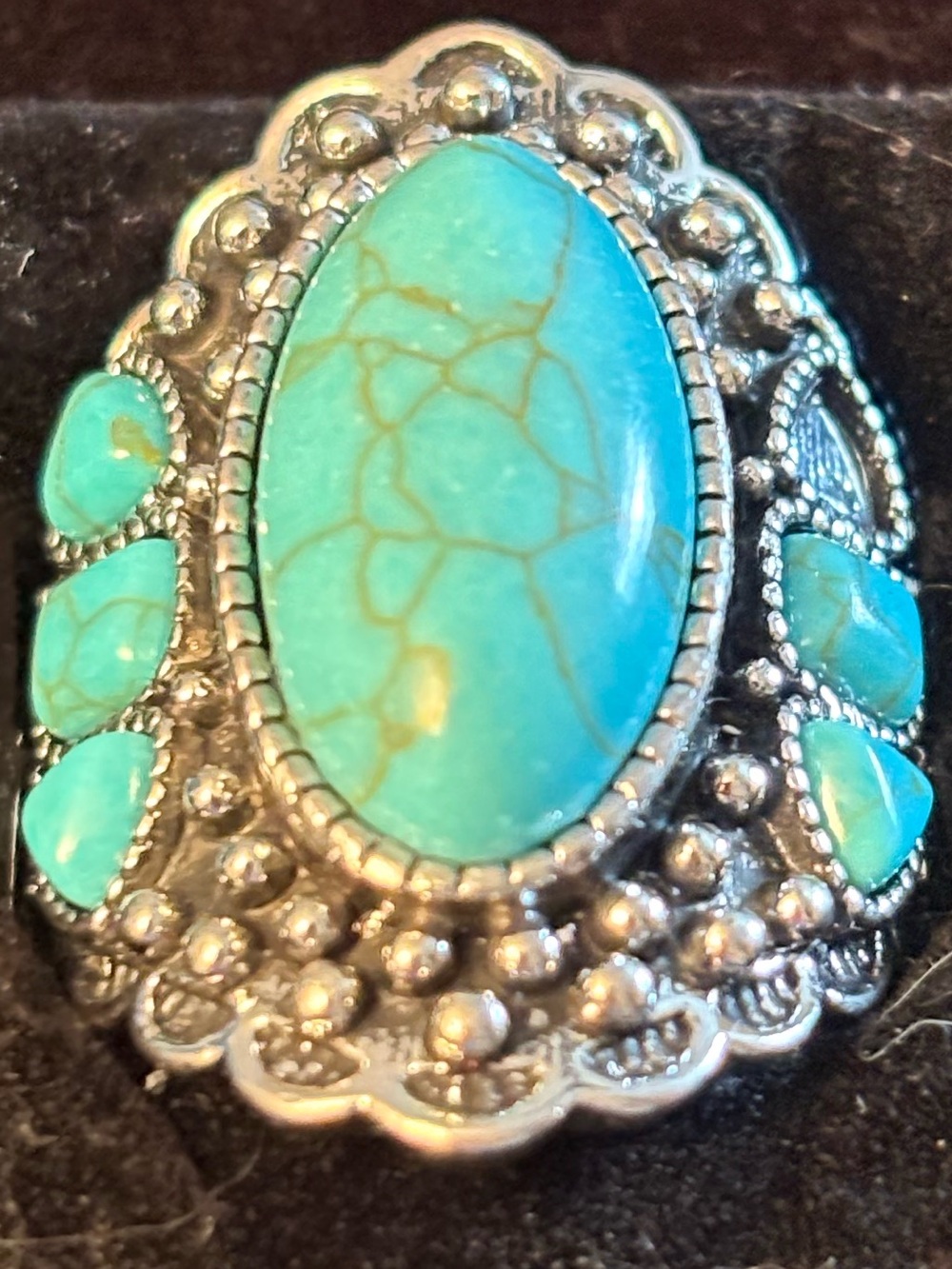 Turquoise Oval Statement Ring with Silver-Tone Accents